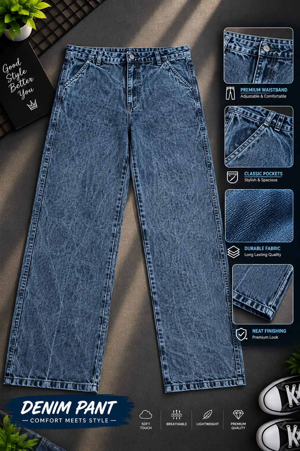 Semi Baggy Cargo Denim Pant (32854)