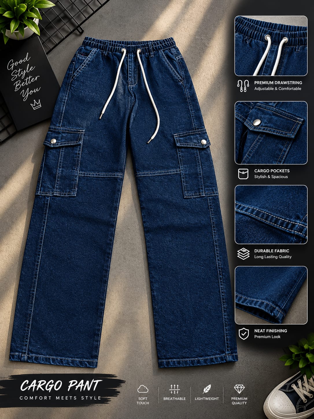 6 Pocket Cargo Denim Baggy Pant ( 32859)