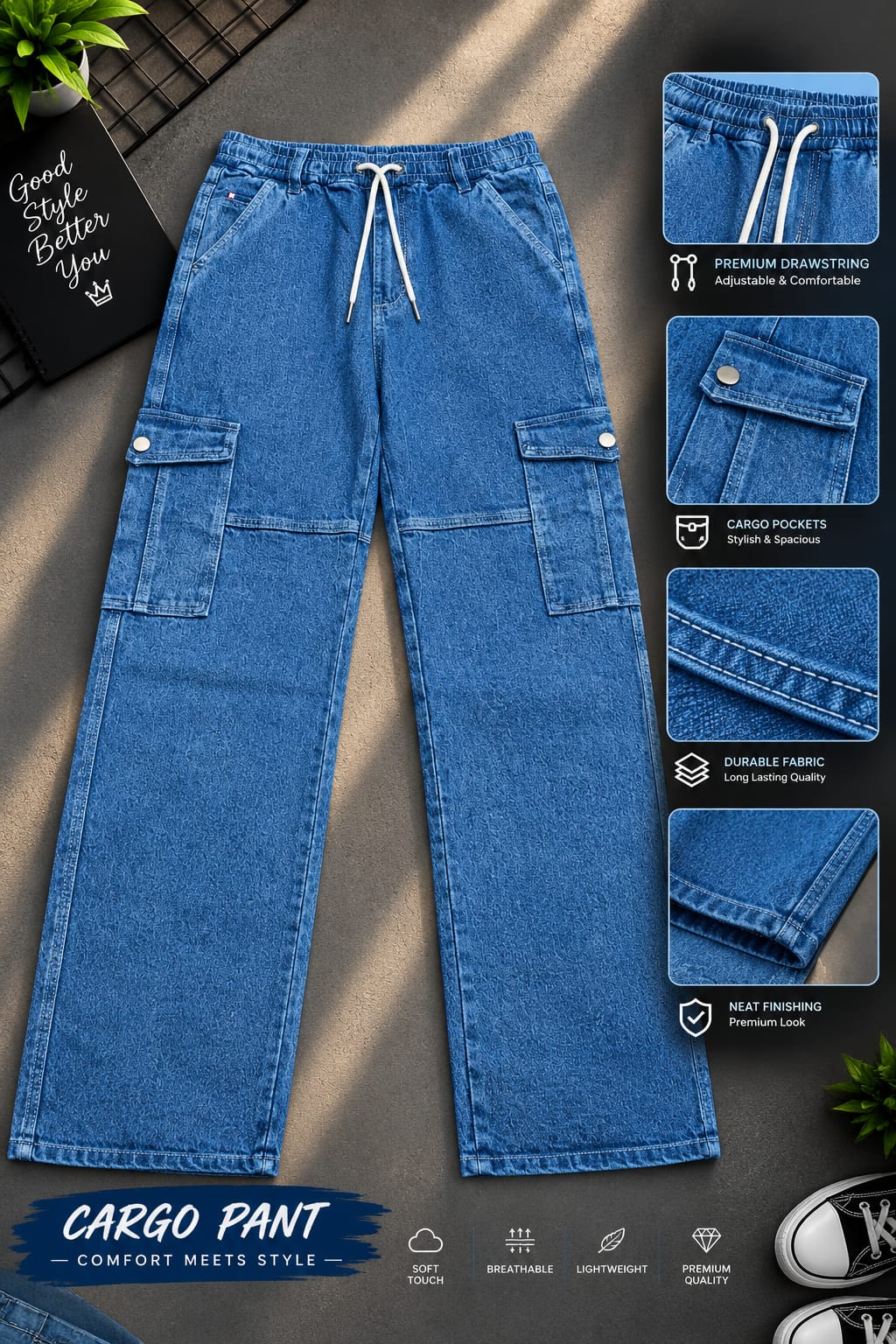 6 Pocket Cargo Denim Baggy Pant (32861)